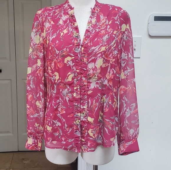 Coldwater Creek Magenta Sheer Fully Lined V- Ruffle Neck Women's Blouse Size S - Picture 1 of 7